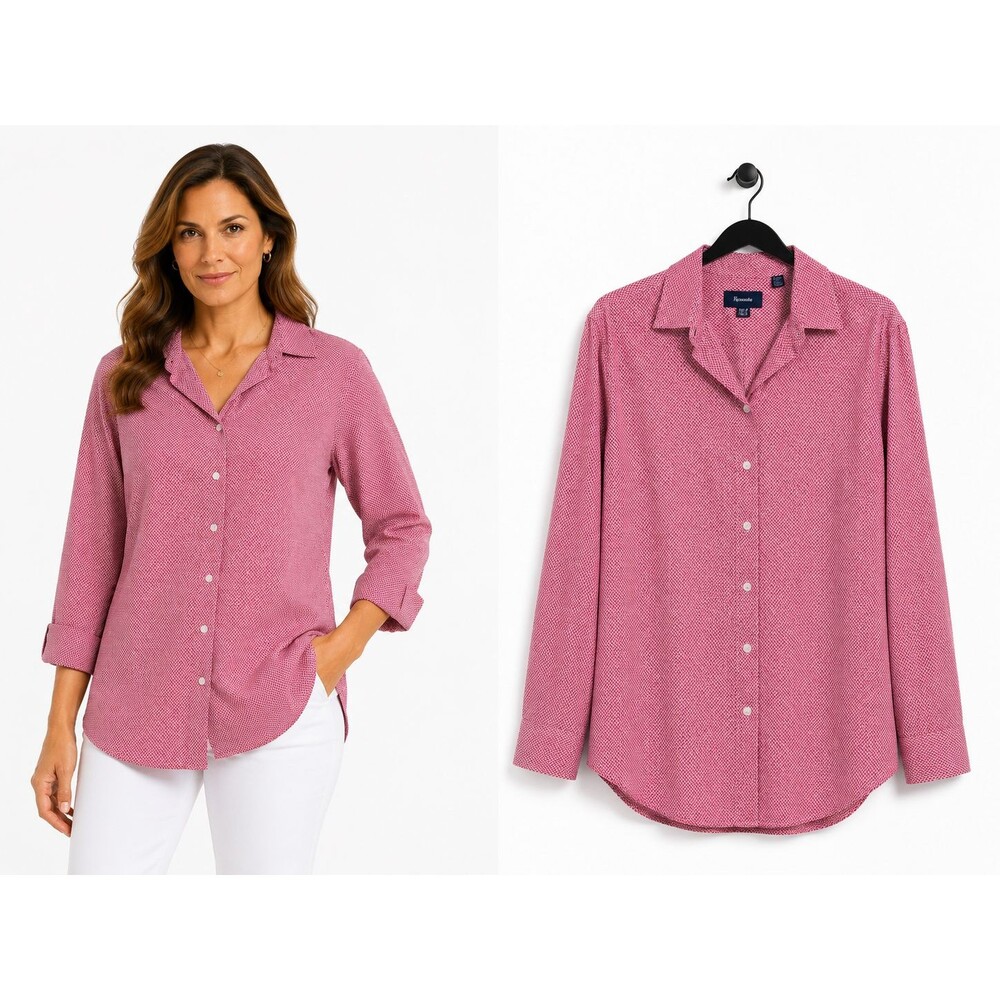 Womens Faconnable Shirt Top Size 10 Long Sleeve Red Print Lightweight Cotton